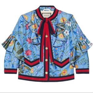 Gucci Blue Flora Ruffled Silk Blouse Jacket Navy & Red Web Trim & Gucci Buttons